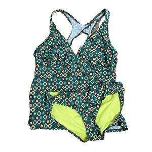 Athleta Tankini Bikini Set 42D/42DD, L Green Multicolored